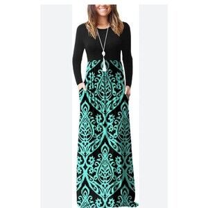 Grecerelle M Black Solid Top Black/Green Long Sleeve Maxi Dress Comfy Pockets
